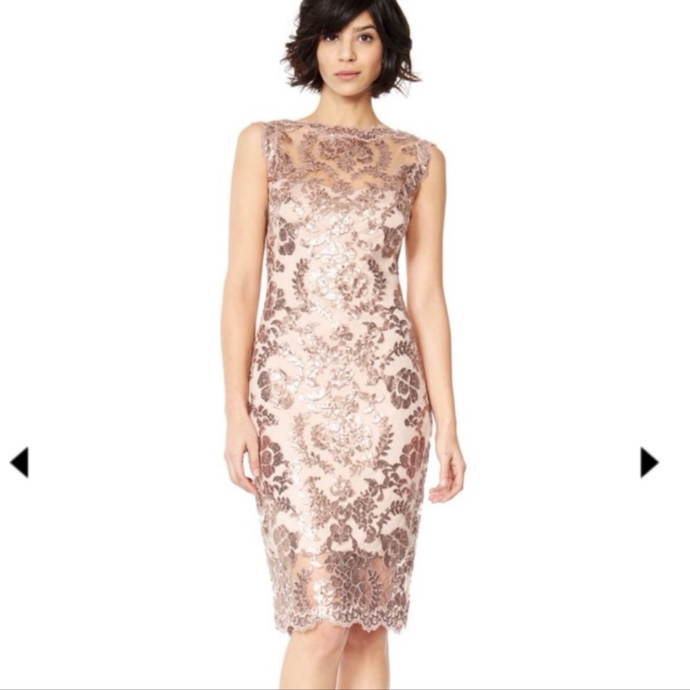 Tadashi Shoji Taupe Paillette Embroidered Lace Sheath Sequin Cocktail Dress NWT!